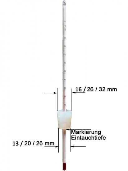 Destillier-Thermometer, 30 cm, mit großem Silikonstopfen Ø 26-32 mm - zum Schließen ins Bild klicken